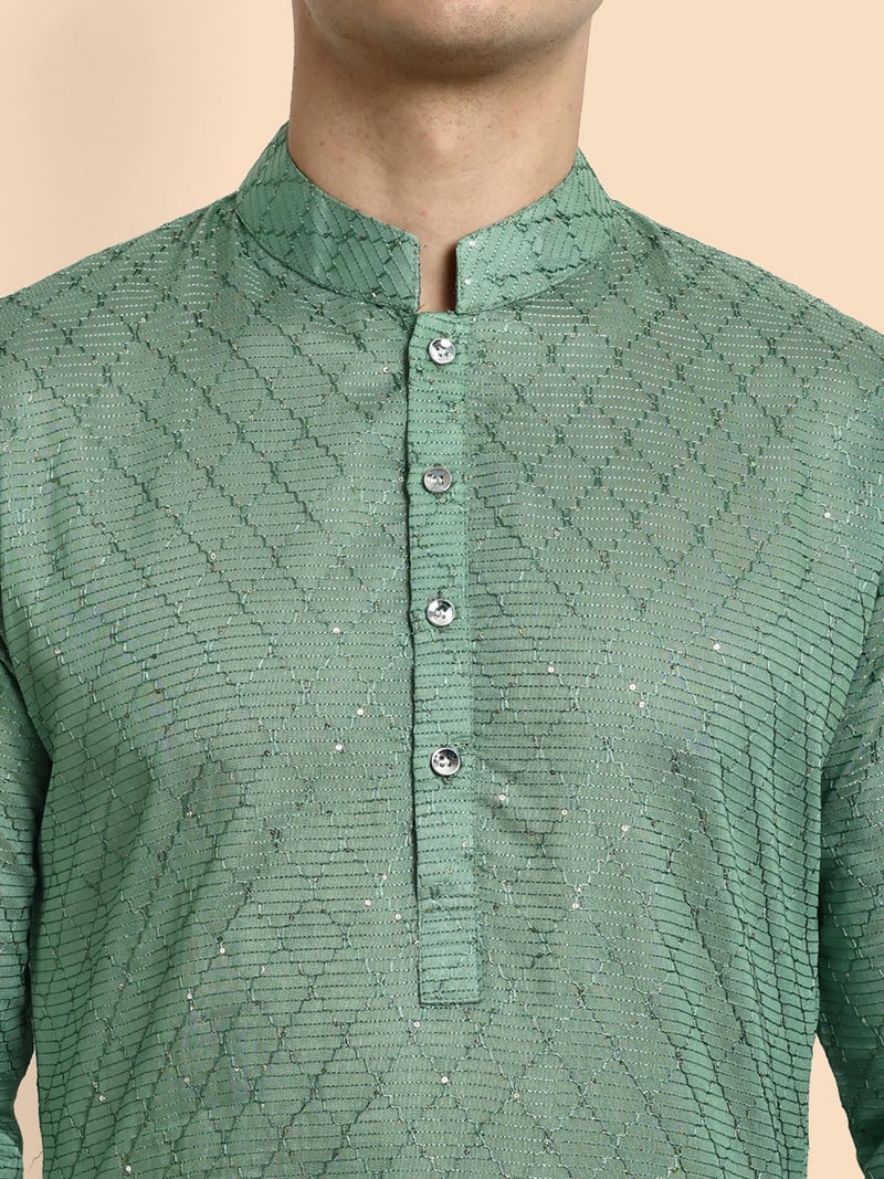 Vardha Men's Cotton Chikankari Embroidered and Sequence Full Sleeve Knee Length Casual Kurta for All Occations Like Wedding, Office & Events (MK_36_XL_LK) Green - Image 4