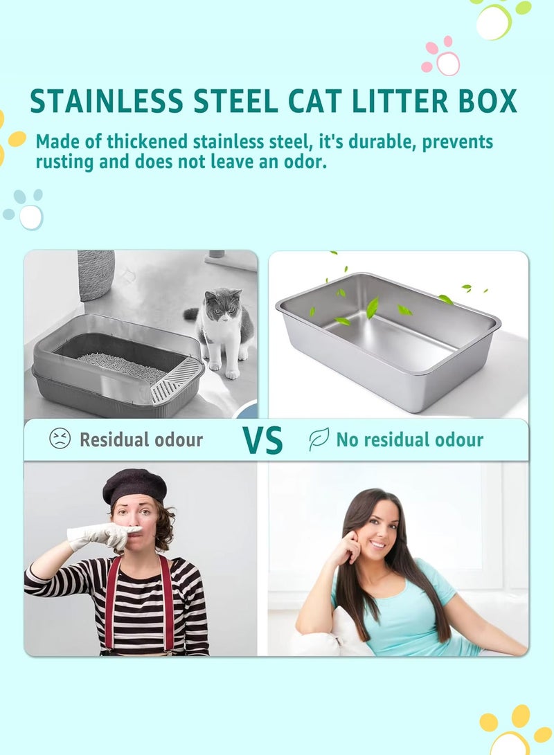 كيدل الفولاذ المقاوم للصدأ قطة القمامة مربع عالية الجانب المعدني قطة القمامة وعاء للقطط الكبيرة والصغيرة غير اللاصقة سطح ناعم ودائم - Image 2