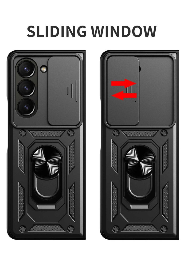 Case Cover for Samsung Galaxy Z Fold 6 5G, Slide Camera Lens Cover, 360°Rotating Kickstand Ring, Support Magnetic Car Mount Shockproof Mobile Phone Case Black. - Image 3