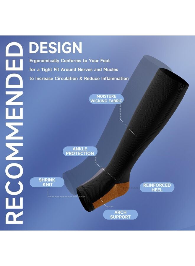 2PCS Zipper Compression Socks Women Men Calf Knee High 15-30mmHg Open Toe Compression Stocking suit for Walking XL - Image 4