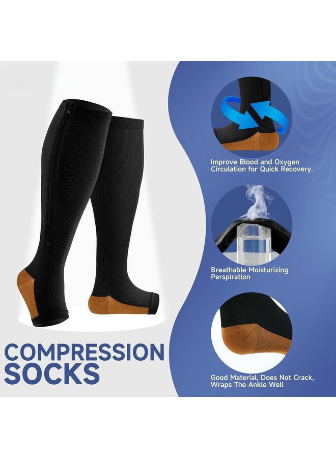 2PCS Zipper Compression Socks Women Men Calf Knee High 15-30mmHg Open Toe Compression Stocking suit for Walking XL - Image 2