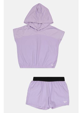 Reebok Kids Girl 2 Pcs Sportswear Fit Brand Logo Hoodie and Shorts Set, Lavender  - Image 1
