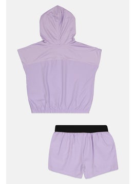Reebok Kids Girl 2 Pcs Sportswear Fit Brand Logo Hoodie and Shorts Set, Lavender  - Image 2
