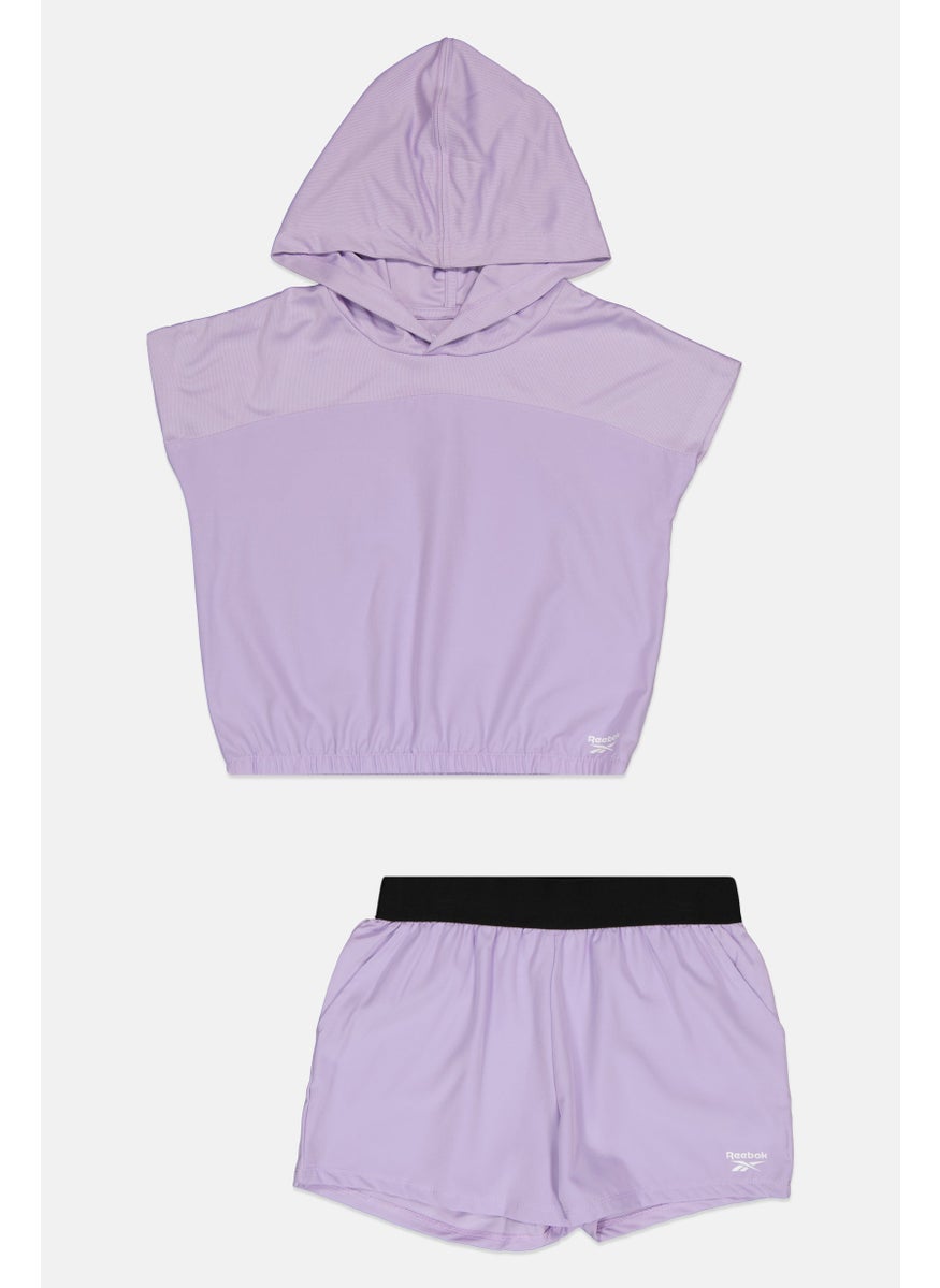 Reebok Kids Girl 2 Pcs Sportswear Fit Brand Logo Hoodie and Shorts Set, Lavender  - Image 1