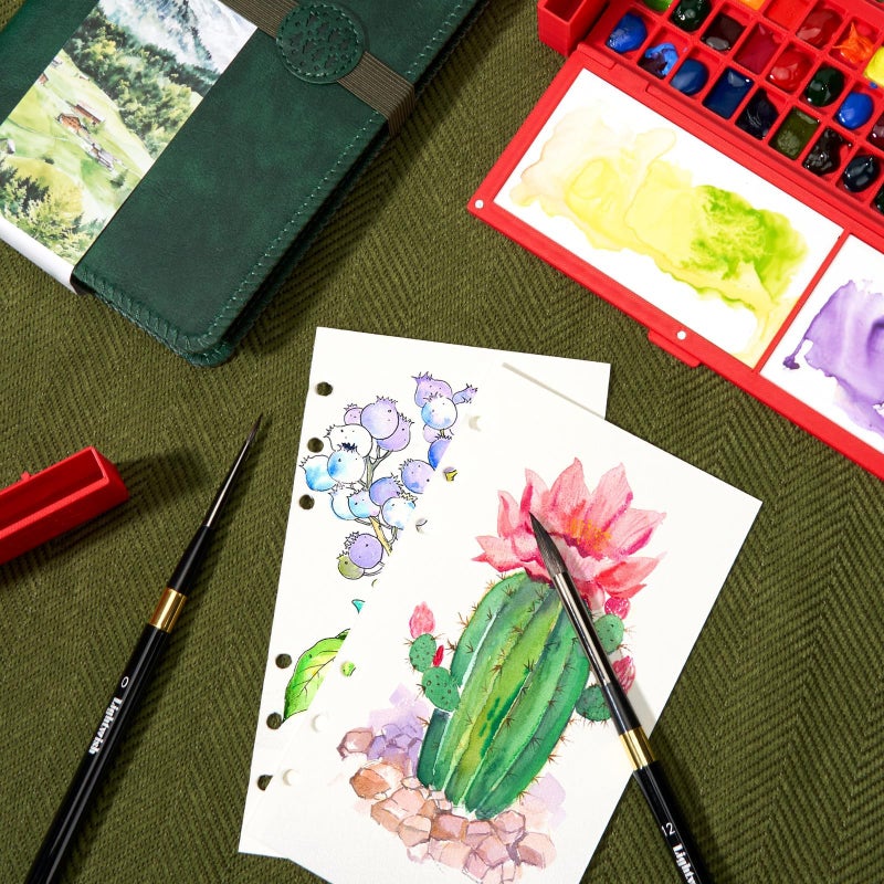 Lightwish Portable Watercolor Sketchbook Set - 100% Cotton Hot Press 6.7x3.9 Inch Binder Art Journal with 36-Well Ceramic Paint Palette & 2 Travel Watercolor Brushes for Artists Outdoor Painting - Image 4