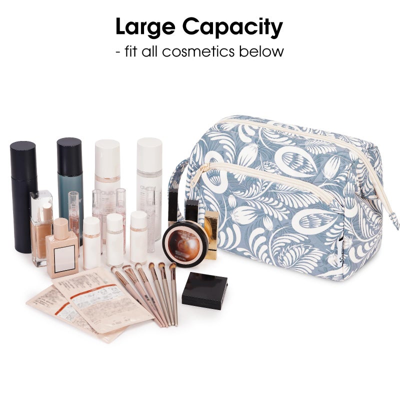 Narwey Women Makeup Bag Wide-open Make up Bag Travel Cosmetic Organizer Toiletry Bag for Cosmetics Toiletries Accessories (Blue Leaf) - Image 3