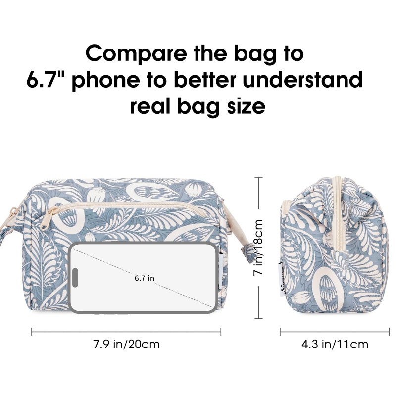 Narwey Women Makeup Bag Wide-open Make up Bag Travel Cosmetic Organizer Toiletry Bag for Cosmetics Toiletries Accessories (Blue Leaf) - Image 4