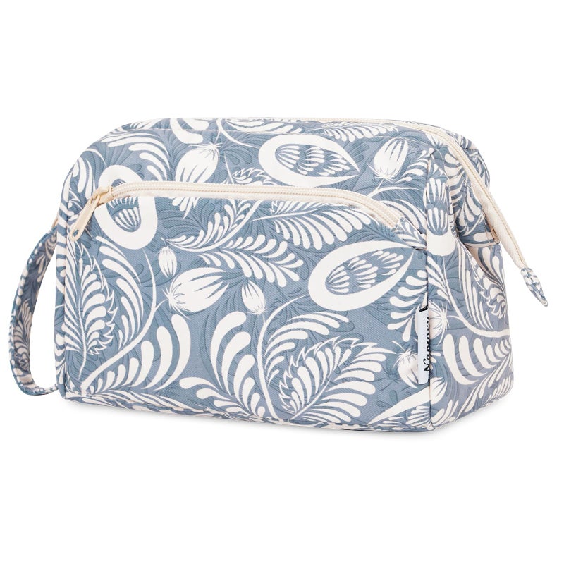 Narwey Women Makeup Bag Wide-open Make up Bag Travel Cosmetic Organizer Toiletry Bag for Cosmetics Toiletries Accessories (Blue Leaf) - Image 1