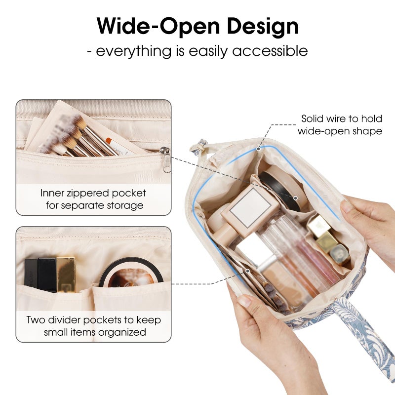 Narwey Women Makeup Bag Wide-open Make up Bag Travel Cosmetic Organizer Toiletry Bag for Cosmetics Toiletries Accessories (Blue Leaf) - Image 2