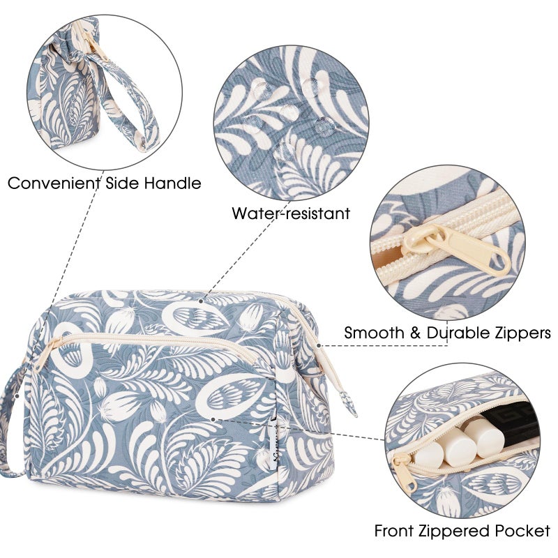 Narwey Women Makeup Bag Wide-open Make up Bag Travel Cosmetic Organizer Toiletry Bag for Cosmetics Toiletries Accessories (Blue Leaf) - Image 5