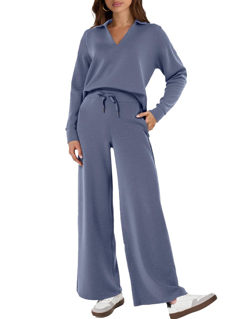 Glamaker Two Piece Sets For Women Fall Air Travel Essentials Sets 2 Piece Outfits Long Sleeve Sweatsuits Pants Sets (Blue Purple M) - Image 1