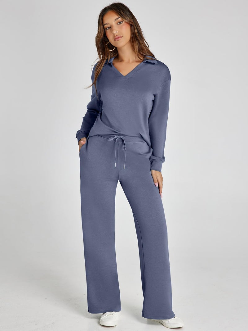 Glamaker Two Piece Sets For Women Fall Air Travel Essentials Sets 2 Piece Outfits Long Sleeve Sweatsuits Pants Sets (Blue Purple M) - Image 2