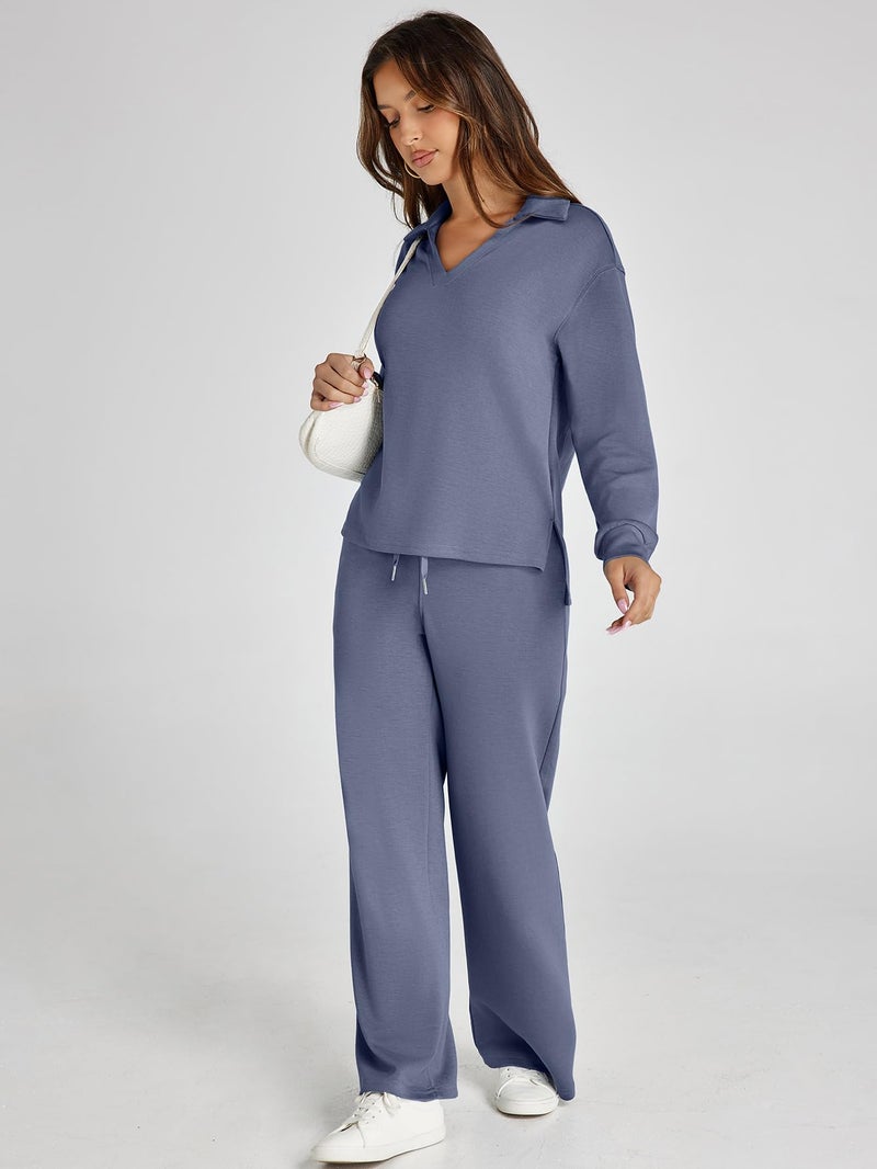 Glamaker Two Piece Sets For Women Fall Air Travel Essentials Sets 2 Piece Outfits Long Sleeve Sweatsuits Pants Sets (Blue Purple M) - Image 3