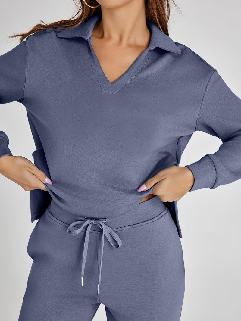 Glamaker Two Piece Sets For Women Fall Air Travel Essentials Sets 2 Piece Outfits Long Sleeve Sweatsuits Pants Sets (Blue Purple M) - Image 5