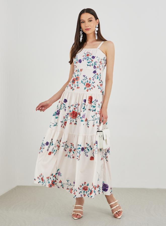 تايك تو فستان ميدي بطبعات زهور بدون أكمام من طبقات - Image 2