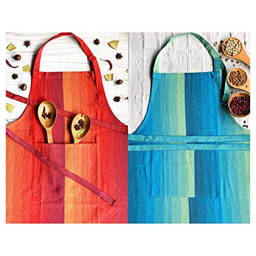 PIXEL HOME DECOR PIXEL HOME © Kitchen Apron- Adjustable Aprons with Pockets for Women Men Dishwashing.Baking,Grill,Restaurant Durable, Washable - Pack of 2 (Blue & Orange) - Image 1