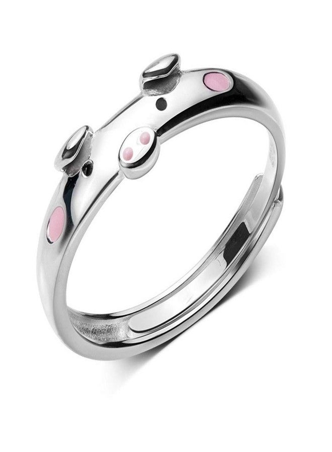 Dtja Pig S925 Sterling Silver Ring for Women Polished Cute Pink Piggy Animal Expandable Open Finger Rings Adjustable Fashion Jewelry Christmas Birthday Dainty BFF Gifts for Daughter Niece - Image 1