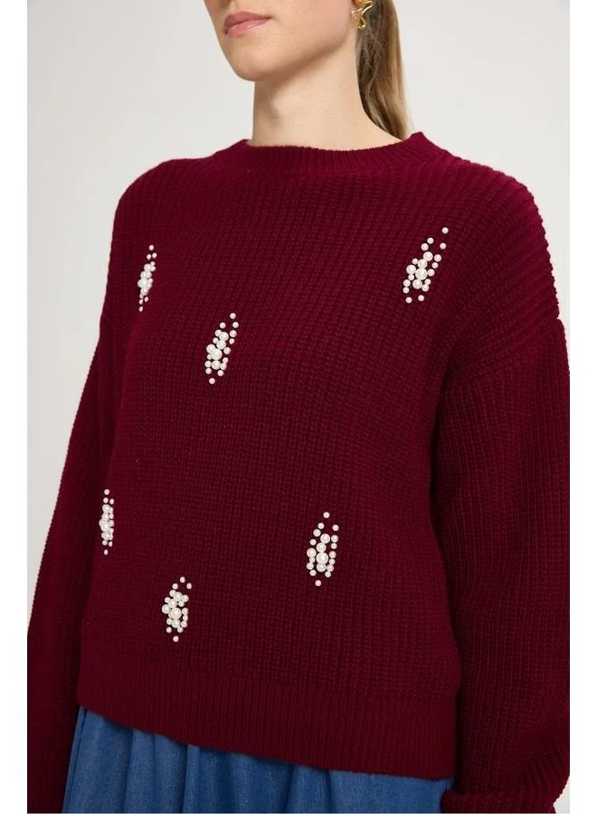 mina aise Women's Burgundy Pearl Detailed Knit Sweater 30035.
