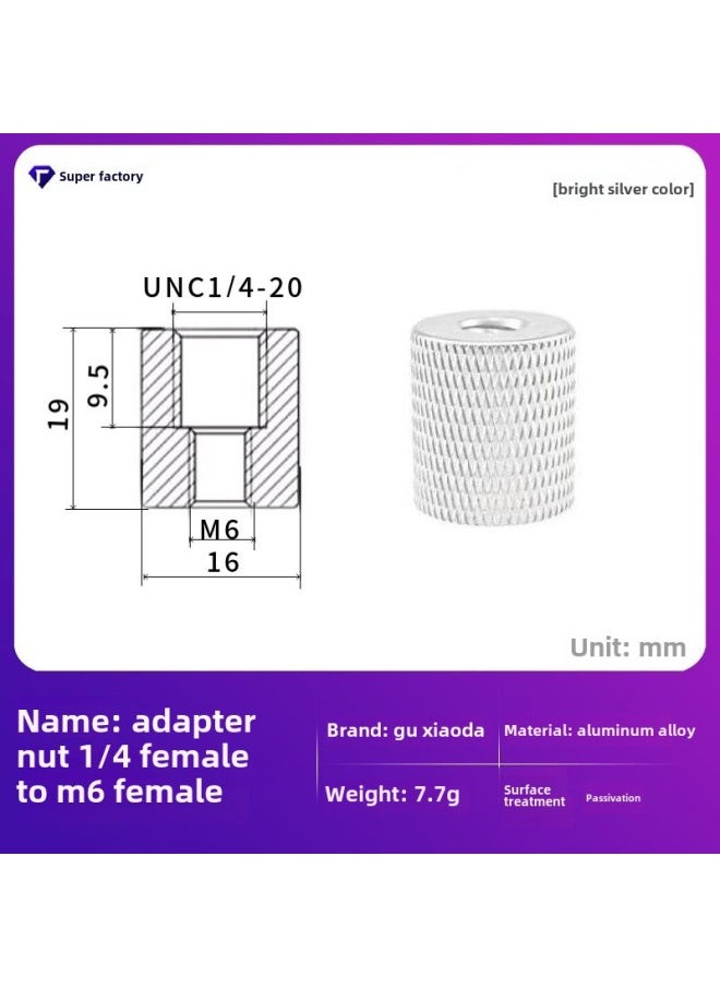 Tripod Bracket 1/4 Screw Adapter 3/8 Interface Microphone Pan/tilt Camera Accessories Aluminum Alloy Mutual Rotation Nut-Color:1/4 Female To M6 (bright Silver)  - Image 1