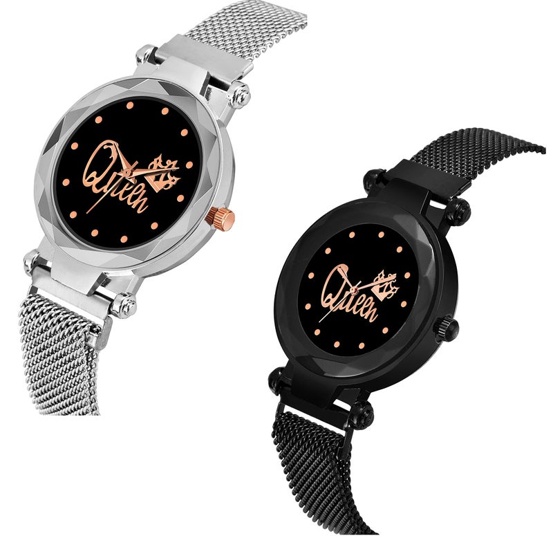 CERO Women's Queen Dial Magnetic Belt Analog Watches Combo (Silver, Black) -Pack of 2 - Image 2
