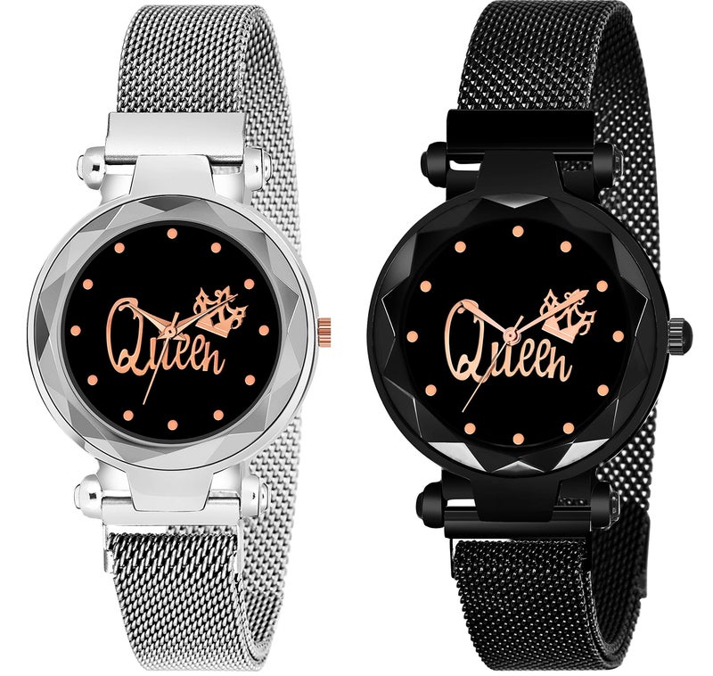 CERO Women's Queen Dial Magnetic Belt Analog Watches Combo (Silver, Black) -Pack of 2 - Image 5