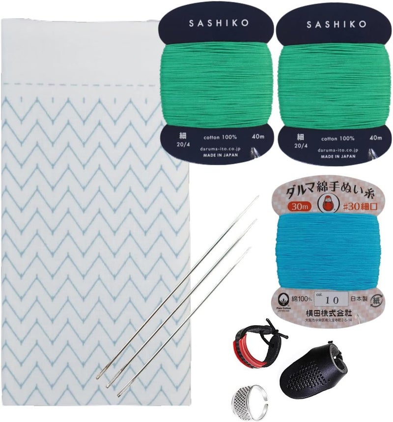 Daruma Hitomezashi Sashiko Kit – Premium Japanese Made Needle and Thread Kit with Sashiko Fukin, Thread, Needles, Thimble – Ready to Use Set (Mountain Range) - Image 1