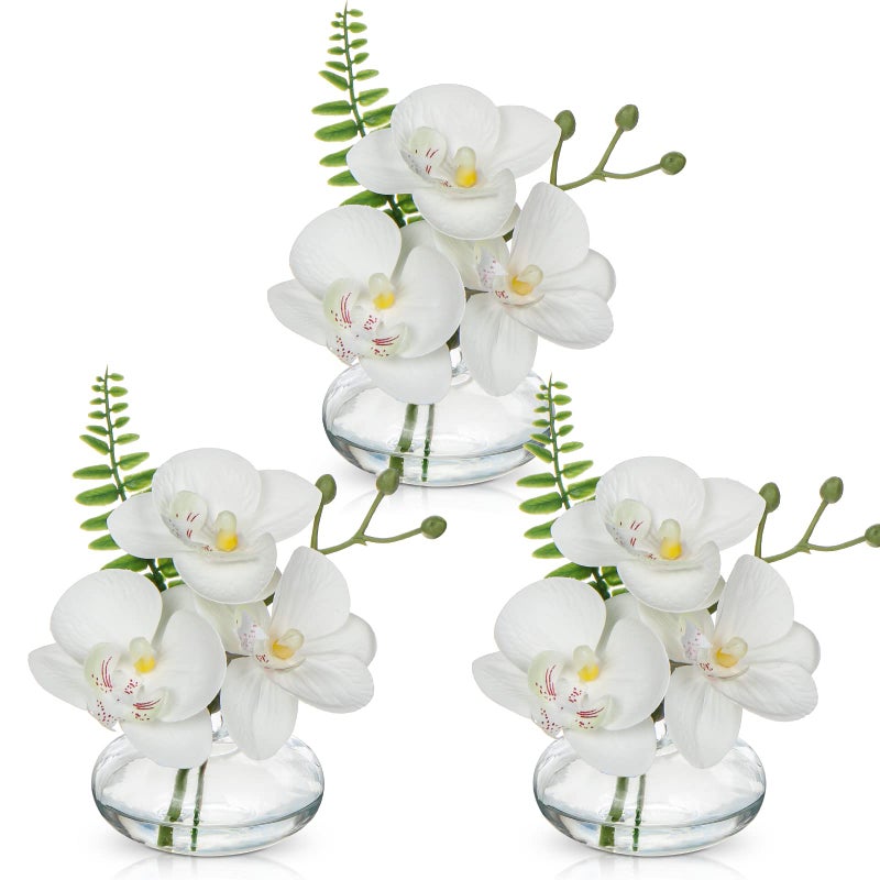 Briful Set of 3 Artificial Orchids in Glass Vase White Orchids Fake Flowers in Faux Water Artificial Flowers for Decoration Artificial Plant for Living Room Bathroom Office Dcor