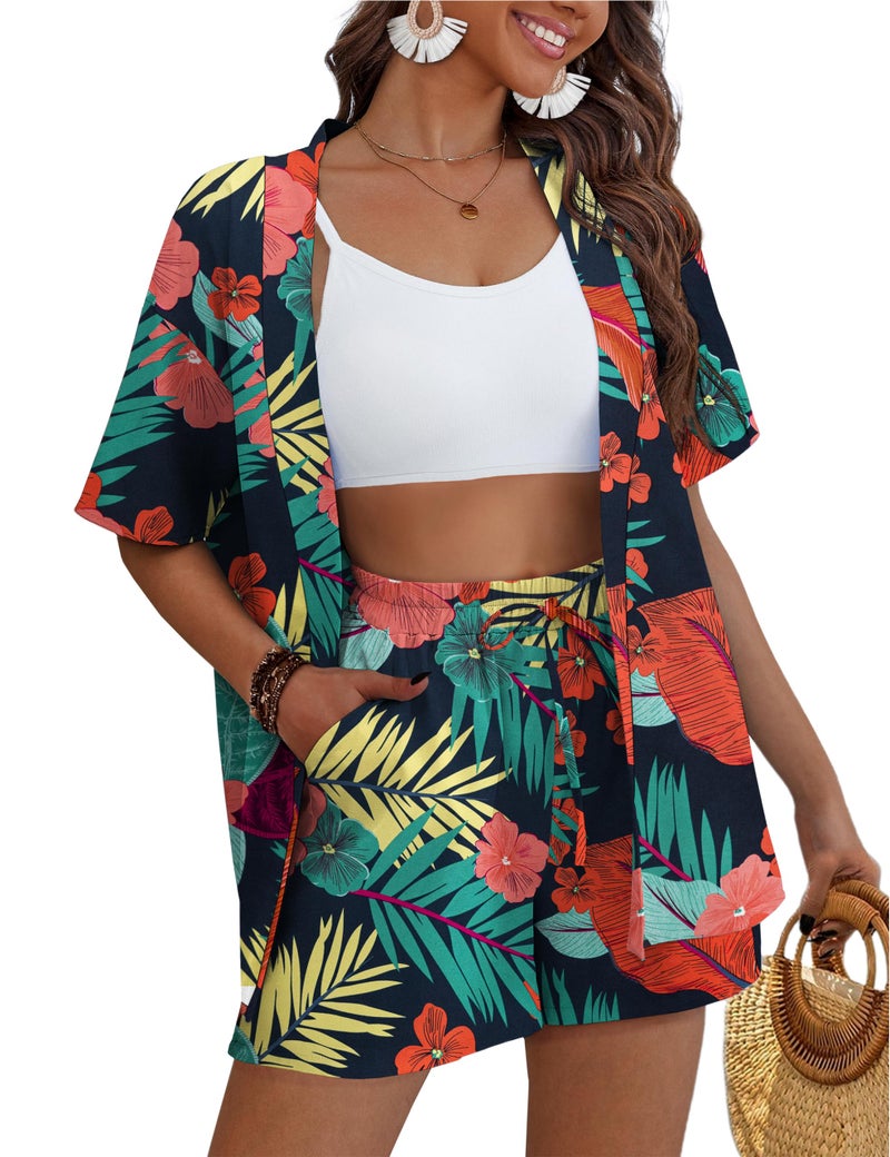 REDHOTYPE Women's 2 Piece Outfits Kimono Style Tropical Print Cover Ups Half Sleeve Blouse Shorts Set Summer Beachwear,Tropic Flower 01,L - Image 1