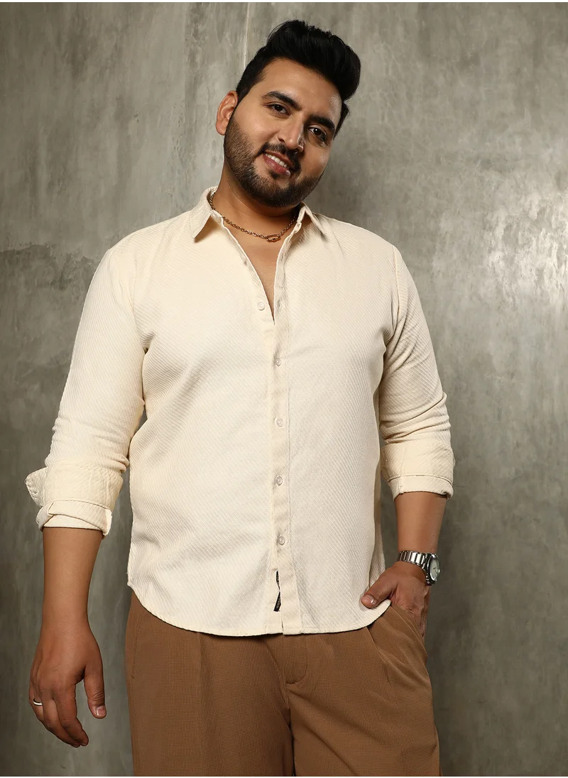 انستافاب بلس Instafab Plus Men's Cream White Slanted-Trough Shirt For Casual Wear | Spread Collar | Long Cuffed Sleeves | Button Closure | Plus Size Shirt Crafted With Comfort Fit For Everyday Wear