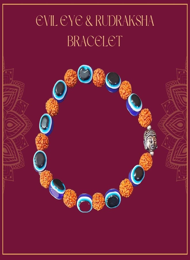 PICCOTI Evil Eye Protection Bracelet | Blue Beads with Rudraksha | Handmade Blue and Brown Bracelet with Buddha Charm - Image 3