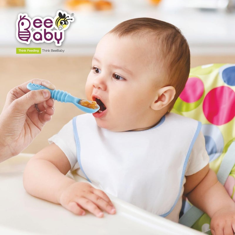 Beebaby Sumshy First Stage Silicone Baby Feeding Spoon | Dip Spoon for Baby Led Weaning | 100% BPA Free, Soft & Safe Silicone for 6+ Months Infants – Pack of 2 (Blue & Green) - Image 2