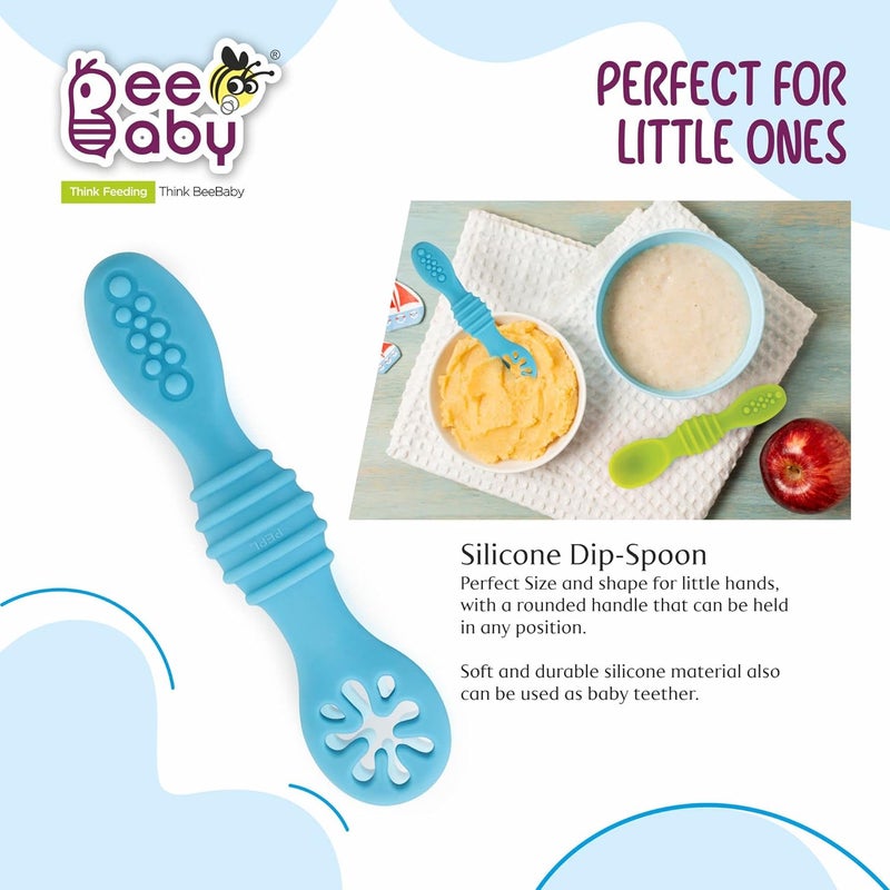 Beebaby Sumshy First Stage Silicone Baby Feeding Spoon | Dip Spoon for Baby Led Weaning | 100% BPA Free, Soft & Safe Silicone for 6+ Months Infants – Pack of 2 (Blue & Green) - Image 4