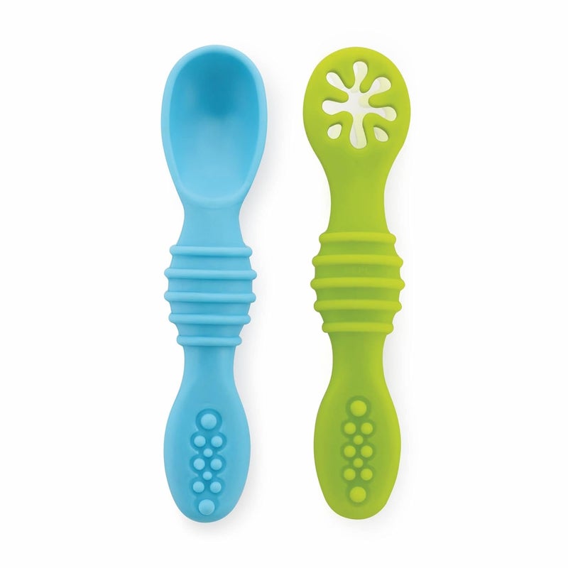 Beebaby Sumshy First Stage Silicone Baby Feeding Spoon | Dip Spoon for Baby Led Weaning | 100% BPA Free, Soft & Safe Silicone for 6+ Months Infants – Pack of 2 (Blue & Green) - Image 1