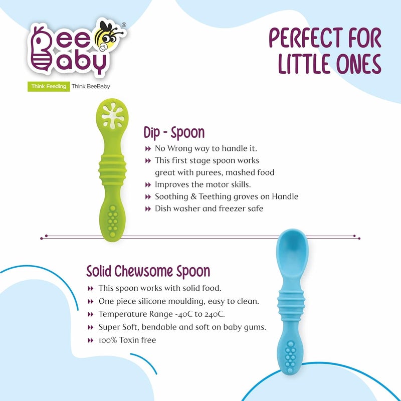 Beebaby Sumshy First Stage Silicone Baby Feeding Spoon | Dip Spoon for Baby Led Weaning | 100% BPA Free, Soft & Safe Silicone for 6+ Months Infants – Pack of 2 (Blue & Green) - Image 5