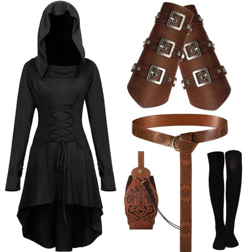 Suhine 5 Pcs Renaissance Women Costume Medieval Hooded Robe Vintage Faux Leather Arm Pouch Belt for Cosplay Party(Large,Black) - Image 1