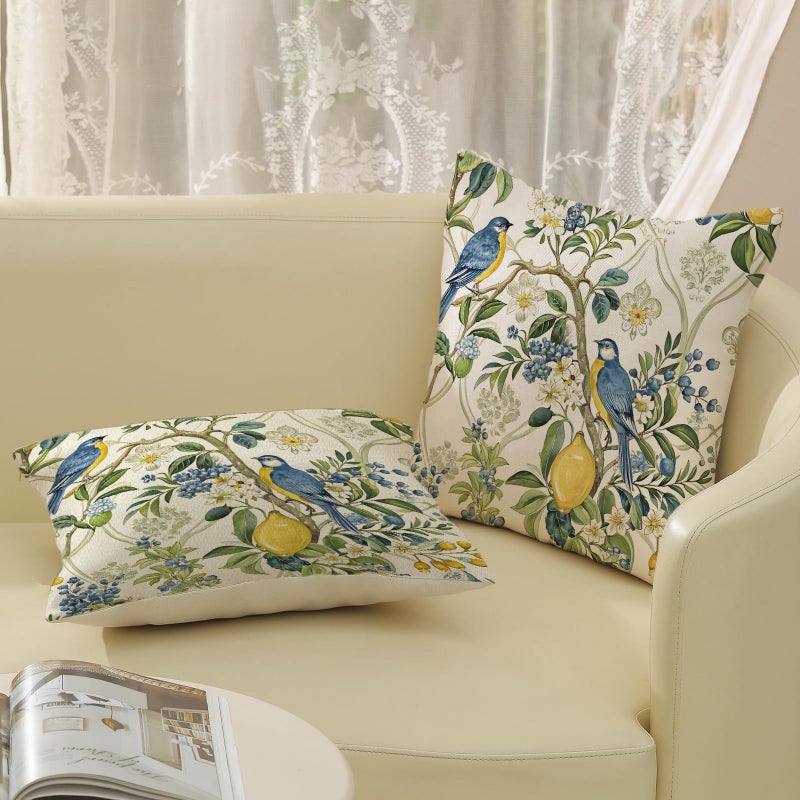 JEFERSO Chinoiserie Pillow Covers 18x18 Set of 2 Blue Green Bird Floral Throw Pillows Vintage Botanical Yellow Lemon Flower Decorative Pillowcase Outdoor Chinoiserie Decor Linen Cushion Case for Couch - Image 5