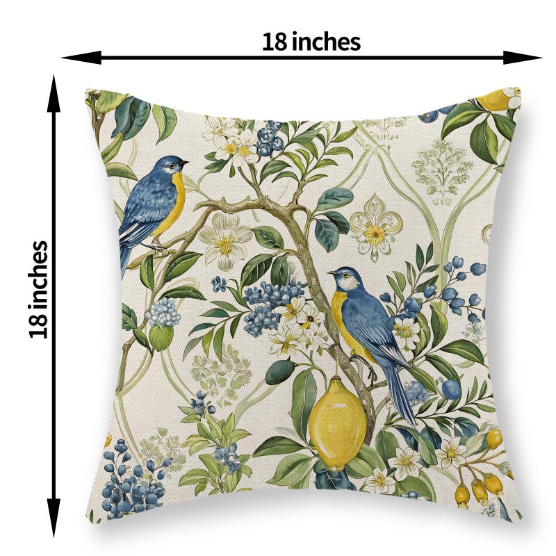 JEFERSO Chinoiserie Pillow Covers 18x18 Set of 2 Blue Green Bird Floral Throw Pillows Vintage Botanical Yellow Lemon Flower Decorative Pillowcase Outdoor Chinoiserie Decor Linen Cushion Case for Couch - Image 2