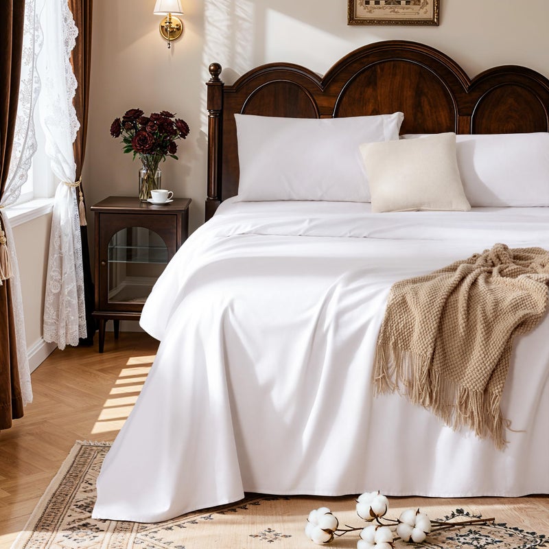 LBRO2M 100% Cotton Sheets Set,Queen Size Bed Sheet 4 Piece Sets,Long Staple,16 Inches Deep Pocket,All Season,Bedding Super Soft Comforterble Breathable,Sateen Weave(White) - Image 3