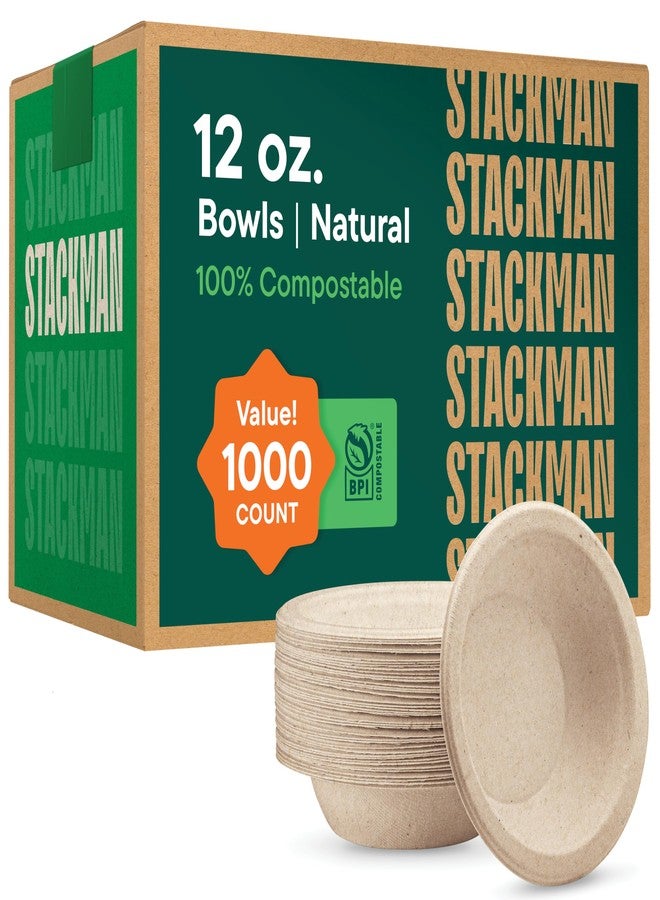 Stack Man 100% Compostable Paper Bowls 12 oz. [1000 Count] Heavy-Duty Soup Bowls - Natural Brown Color Unbleached Bagasse Bowls - Eco-Friendly Disposable Biodegradable Sugarcane - [Bulk Case 8/125 Pack] - Image 1