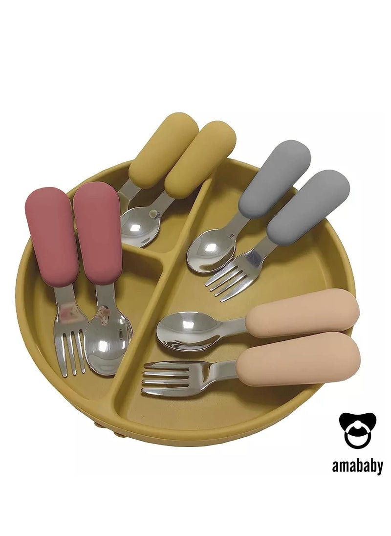 Baby cutlery set. A convenient fork and spoon for babies to use. Silicone handle, easy to grip anti stress sheet and round steel tip, safe to use.