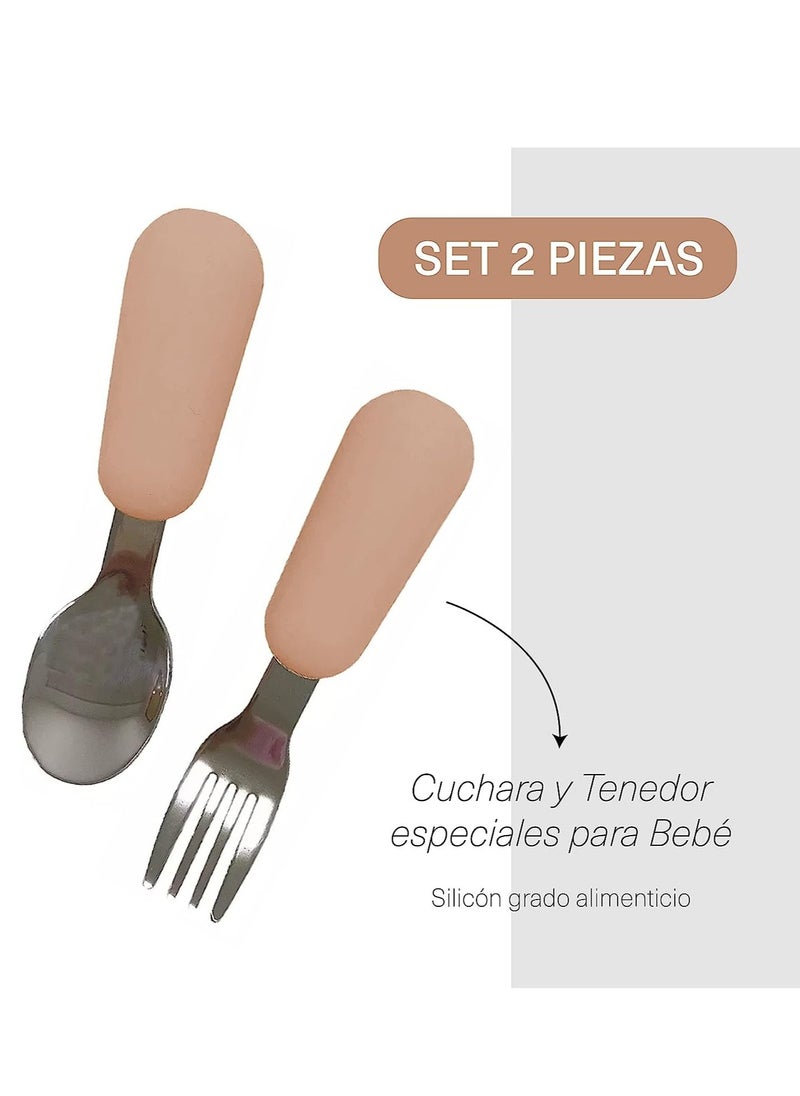Baby cutlery set. A convenient fork and spoon for babies to use. Silicone handle, easy to grip anti stress sheet and round steel tip, safe to use.