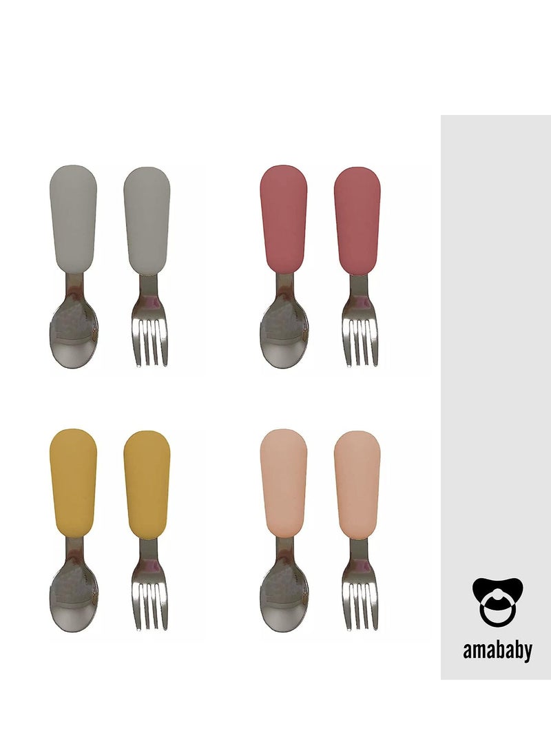 Baby cutlery set. A convenient fork and spoon for babies to use. Silicone handle, easy to grip anti stress sheet and round steel tip, safe to use.