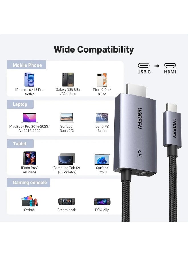 اتش دي ام اي UGREEN 4K@60Hz Unidirectional USB C to HDMI Cable 2M with 100W PD Fast Charging Adapter 2-in-1 Thunderbolt Type C Compatible with iPhone 16 Pro Max, SteamDeck, MacBook, iPad, Galaxy S24, XPS (55330) - Image 1