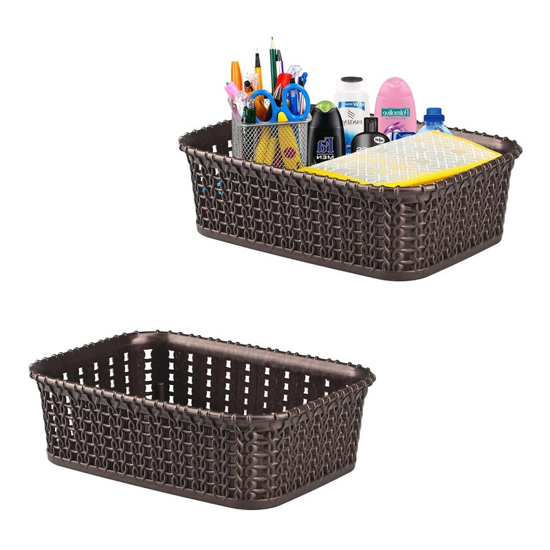 Kuber Industries Pack of 2 Small Multi-Purpose Plastic Basket for Storage M15 | Spacious Stationary & Jewellery Holder | Home Organizers for Kitchen, Bedroom & Dining Table | Brown - Image 1