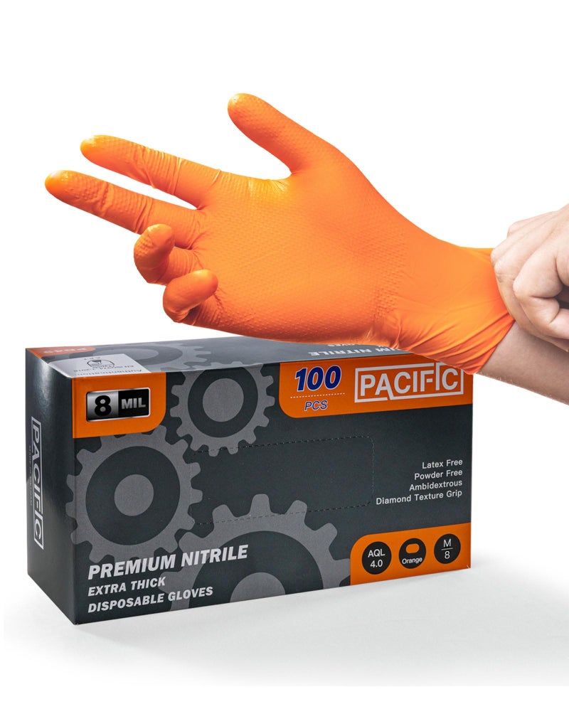 قفازات نيتريل صناعية برتقالية PACIFIC PPE بسمك 8 مل بتصميم الماس للاستخدام مرة واحدة ثقيلة الوزن خالية من البودرة مقاس متوسط 100 قطعة
