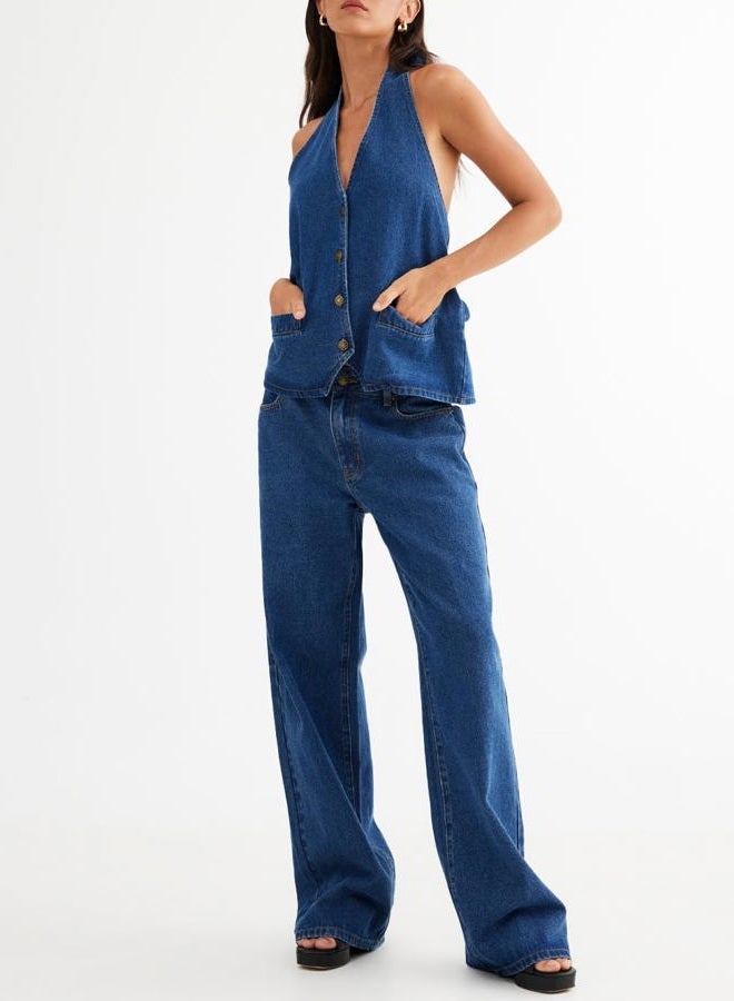 Fisoew Women's Two Piece Denim Set Button Down Backless Tank Top and Wide Leg Jeans 2 Piece Outfit Suits - Image 3