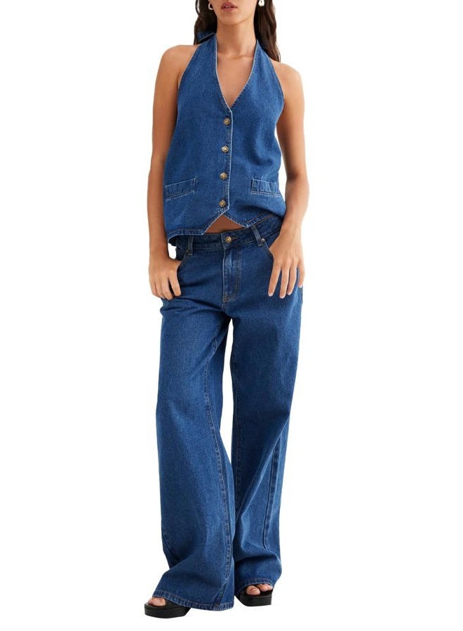 Fisoew Women's Two Piece Denim Set Button Down Backless Tank Top and Wide Leg Jeans 2 Piece Outfit Suits - Image 1