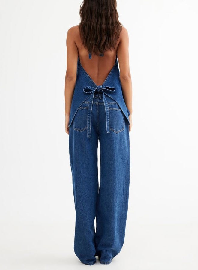 Fisoew Women's Two Piece Denim Set Button Down Backless Tank Top and Wide Leg Jeans 2 Piece Outfit Suits - Image 4