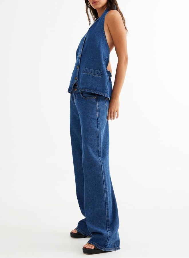 Fisoew Women's Two Piece Denim Set Button Down Backless Tank Top and Wide Leg Jeans 2 Piece Outfit Suits - Image 2