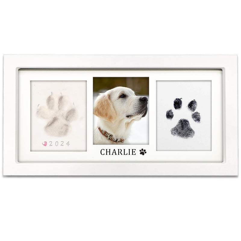 MYPAWLETS Paw Print Frame Kit,Dog/Cat Paw Print Kit,Soft Pawprint Clay&Clean Touch Ink Pad,Pet Paw Print Impression Kit with Customization Tool,Wooden Pet Memorial Frame,DIY Dog Lover Gifts-White - Image 1